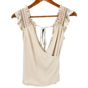 HEM & THREAD Womens S Khaki Sleeveless NWT‎ Embroidered Ruffle Shoulder Wrap Top